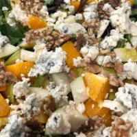 Orange and Pear Salad · Oranges, pears, walnuts and Gorgonzola over mesculin. 