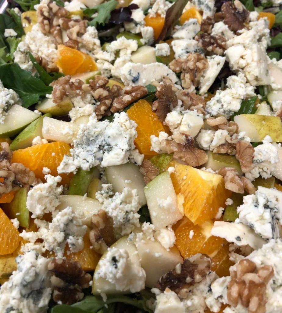 Orange and Pear Salad · Oranges, pears, walnuts and Gorgonzola over mesculin. 