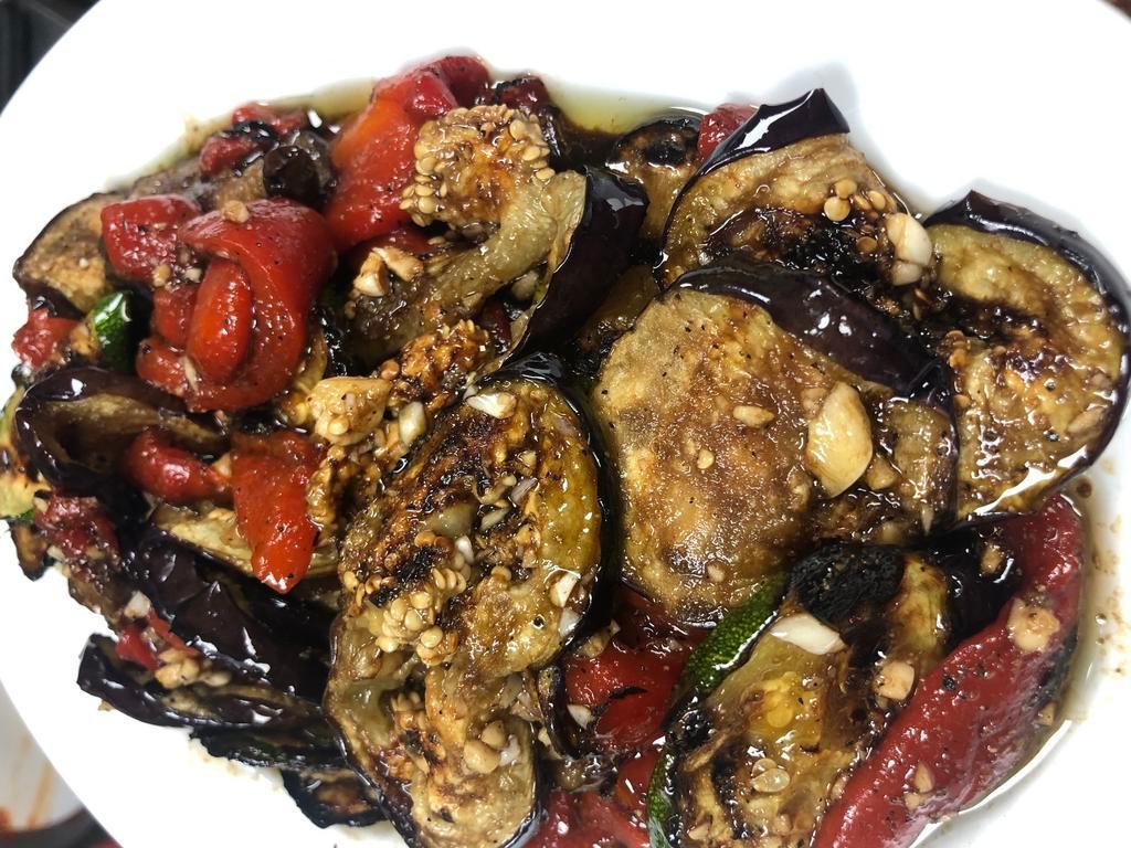 Grilled Vegetables · Eggplant, zucchini and portobello mushrooms. Served hot or cold. 