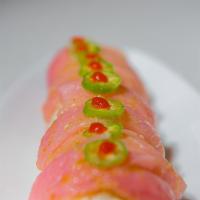 Aguachile Yellowtail Roll · Inside: Crab & cucumber
Outside: Yellowtail & jalapenos
Topped with aguachile and sriracha s...
