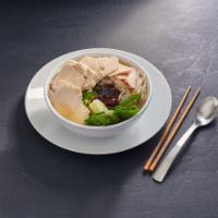 Chicken Pho · Savory Vietnamese-style chicken broth ladled over rice noodles and sliced chicken breast. Se...