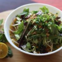 Turmeric Noodle Soup (mì quảng) · Shrimp, chicken, pork, rice noodle, turmeric, mixed vegetable, roasted peanut, green onion w...