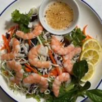Garden Shrimp Salad (gỏi tôm) · Red and green cabbage, spring mix, carrots and daikon, shallots, peanuts and homemade dressi...