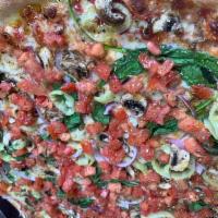 Garden Fresh · Marinara base, with fresh spinach, button mushrooms, caribe peppers, red onions, and tomatoes