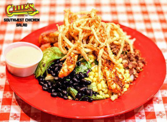 Southwest Chicken Salad · BBQ grilled chicken, bacon, cheese, corn, black beans, tomato, avocado slices with crispy fried onions & tasty BBQ ranch dressing.
