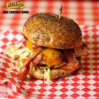 BBQ Chicken Sandwich · Served with cheddar, bacon, lettuce, tomato, good ol' hickory sauce and mayo.