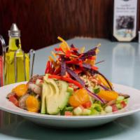 West Coast Blackened Chicken Salad · Mixed greens, tomatoes, cucumbers, red onion, sliced mushrooms, mandarin oranges and tortill...