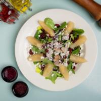 Gillian Farms Pear and Goat Cheese Salad · Fresh spinach, romaine lettuce, topped with aged goat cheese, sun-dried cranberries, pears a...