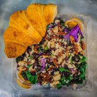 Cranberry Chicken Kale Pecan Salad with Croissant · Kale, Cranberry, Pecan, Feta, Chicken, and Honey Mustard Dressing served with a flaky all-bu...