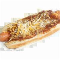 Dallas Dog (Chili Cheese Dog) · Cheddar jack cheese steve's chili con carne and cheddar jack cheese.