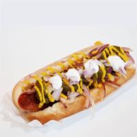 (Deep Fried) Rippin Rockies Dog · Steve's green chili, grilled red onion, jalapenos, yellow mustard, sour cream and red onions.
