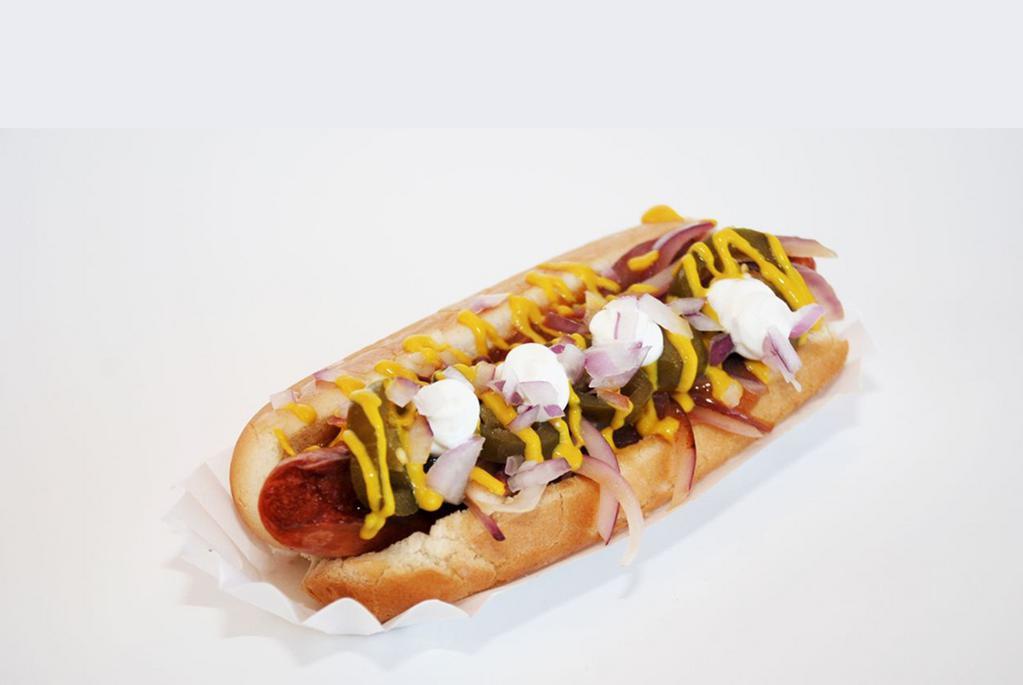 (Deep Fried) Rippin Rockies Dog · Steve's green chili, grilled red onion, jalapenos, yellow mustard, sour cream and red onions.