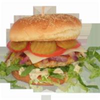 Vegetarian Garden Burger · Dijoy mayo, lettuce, grilled red onions, Swiss cheese, tomatoes and dill pickle chips. (MEAT...