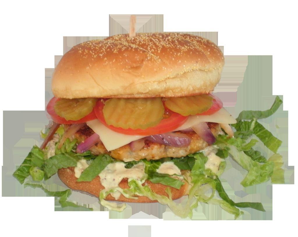 Vegetarian Garden Burger · Dijoy mayo, lettuce, grilled red onions, Swiss cheese, tomatoes and dill pickle chips. (MEATLESS PATTY)