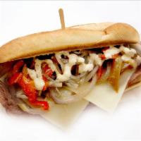Philly Style Steak Sandwich · Dijon mayo, grilled red onions, fried peppers and Swiss cheese on an amarosa roll.