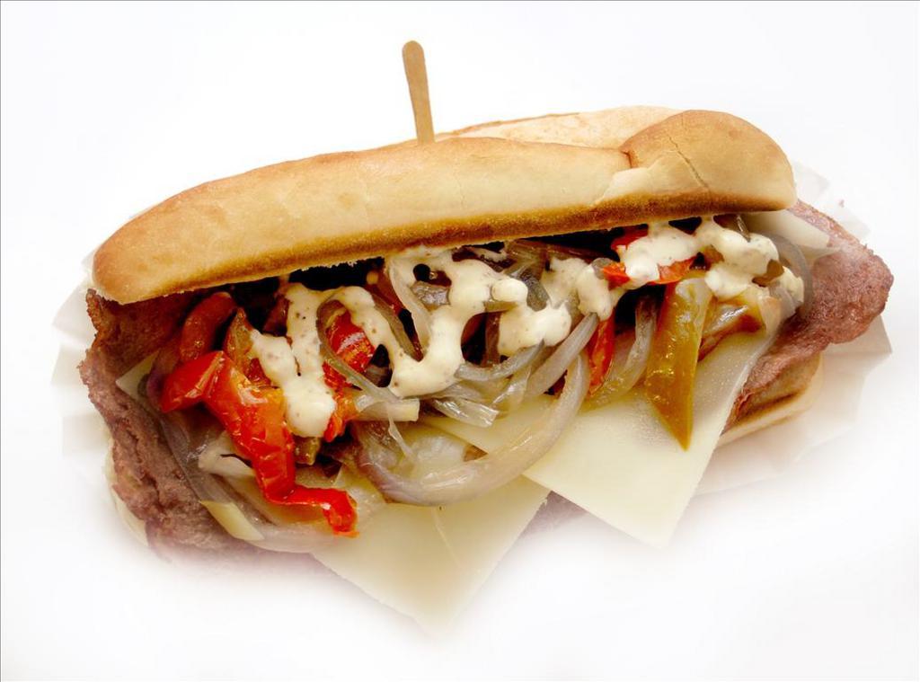 Philly Style Steak Sandwich · Dijon mayo, grilled red onions, fried peppers and Swiss cheese on an amarosa roll.
