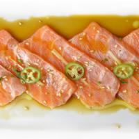 HS06. Seared Salmon with Citrus Sauce · Seared salmon, jalapeno, ginger, sesame and citrus sauce.