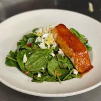BBQ Salmon & Spinach Salad · baby spinach, bbq glazed salmon, red peppers, red onions, chopped egg, carrots and balsamic ...