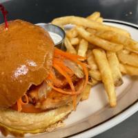Fried Buffalo Chicken Sandwich · buttermilk fried buffalo chicken, with fresh tomato,
shaved carrots and celery, choice of ra...