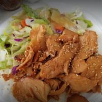 Char-Grilled Chicken Salad · Sliced char-grilled white chicken (cold). Served on top of lettuce with carrots and red cabb...