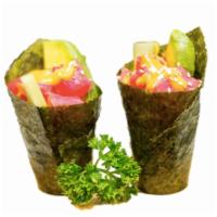 Spicy Tuna Hand Roll · Two pieces. Tuna, avocado and cucumber with spicy mayo on top. Raw.