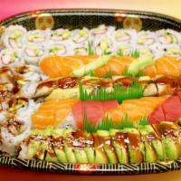 Grand Sea Lion Platter · 70 pieces. 30 pieces of nigiri, rainbow roll, caterpillar, California, spicy roll and eel ro...