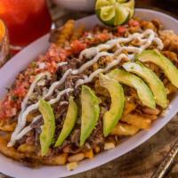 Fries · Meat, beans, cheese, guacamole, sour cream & pico de gallo on french fries.