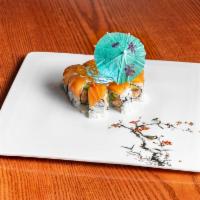 J3 Sunny Roll · Uncooked inside: salmon tempura and avocado topped with fresh salmon, spicy mayo and eel sau...