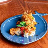 J10 Volcano Roll  · Cooked shrimp tempura, avocado topped with baked crabmeat, masago, scallion and spicy mayo s...
