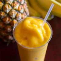 Pineapple Craze Smoothie · Pineapple, peach, lychee sorbet, and apple juice.