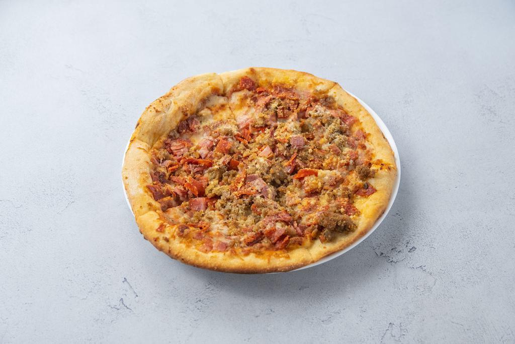 Chopped Meat Pizza · Our Cheese Pizza topped with a mix of chopped Pepperoni, Salami, Canadian Bacon, Italian Sausage & Pecorino Romano Cheese