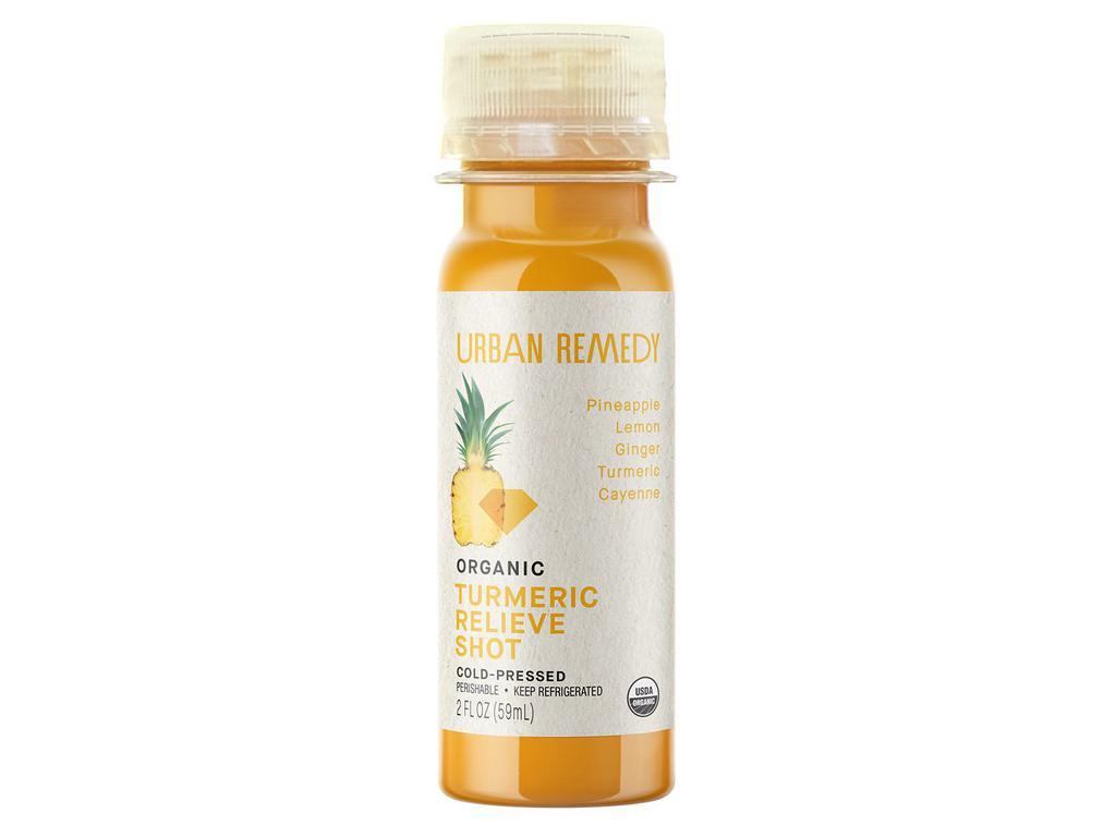 2 oz. Turmeric Relieve Shot  · Our turmeric-relieve shot is an Urban Remedy best-seller for its long list of health benefits. Blending together bromelain-rich pineapple, lemon, ginger, turmeric, and a kick of cayenne, this sweet & spicy wellness shot works to reduce bloating, support digestion and detoxification, and strengthen your immune system. It’s the perfect post-workout remedy, and the detox solution for your cold, flu, and hangover woes. All of our products are organic, gluten-free, dairy-free, and non-GMO.
