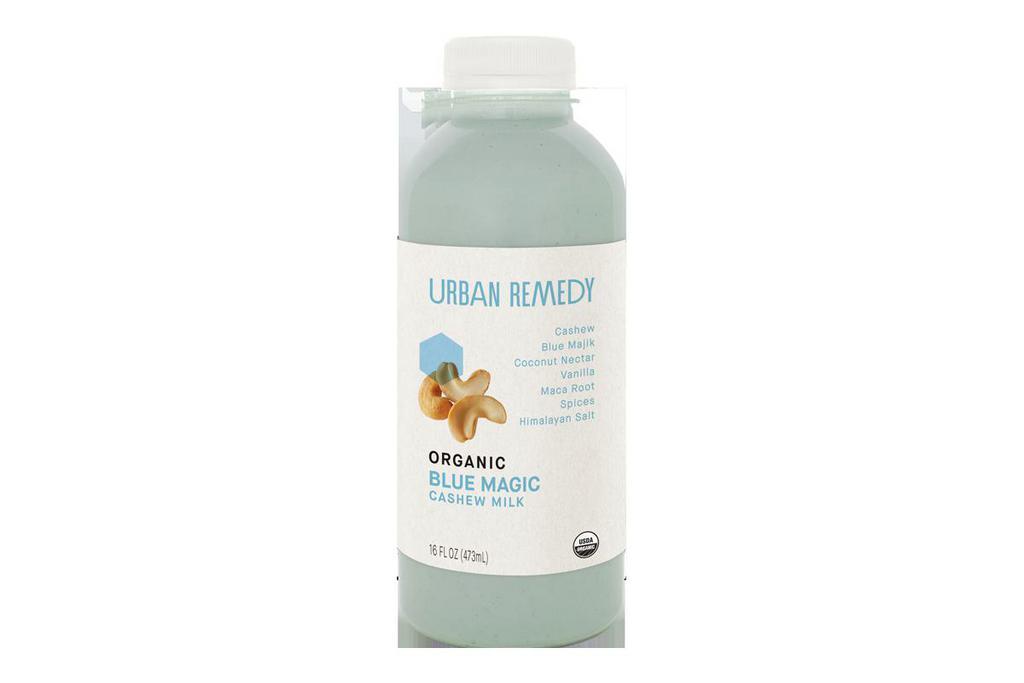 16 oz. Blue Magic Nut Milk · Natural sugar, spice, and everything nourishing. Blue magic boasts the power of e3 live blue Majik, a nutrient-dense aqua botanical that supports cellular protection. A wholesome blend of cinnamon, nutmeg, cashews, maca powder, vanilla, and coconut nectar, this spiced cashew milk will hit the spot every time. All of our products are organic, gluten-free, dairy-free, and non-GMO. Nutrition: Ingredients: cashew milk (filtered water, cashew), coconut nectar, vanilla extract, maca root powder, Himalayan pink salt, cinnamon powder, e3 live blue Majik (a proprietary extract of spirulina [arthrospira platensis]), nutmeg powder, monk fruit extract contains: cashew, coconut organic.