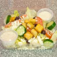 L3. Mediterranean Greek Salad · Lettuce, Tomato, Cucumber, Feta Cheese, Kalamata Olives, and croutons in Balsamic Dressing.
