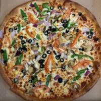 SP4. Vegetarian Pizza · Mushrooms, green peppers, onions, black olives, green olives, and tomatoes.