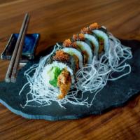 Spider Roll · Fried soft shelled crab, cucumber, avocado, crab meat, topped with tobiko.