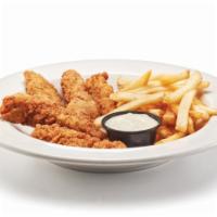 Chicken Strip · Chicken with a side of fries, green chutney and white sauce 