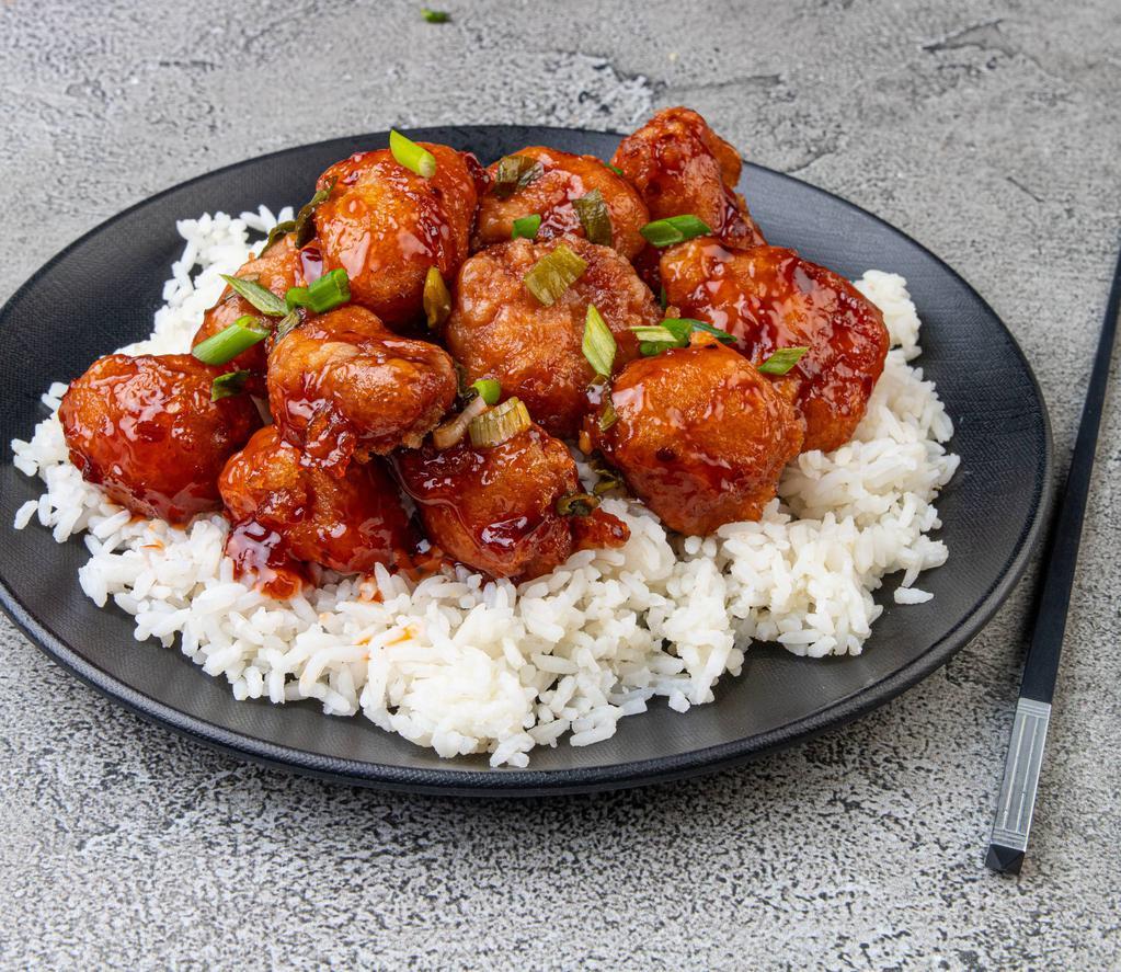 General Tso's Chicken · Chunks of chicken breast, deep fried and tossed in chef's special spicy sauce. Served with steamed white or brown rice. Hot and spicy.