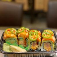 S25. Owl Roll · Spicy yellowtail, cucumber inside, avocado on topped with torched salmon and jalapeno chef's...