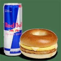 Breakfast Combos - Sizzli Sausage Bagel Red Bull 12oz Combo · 
