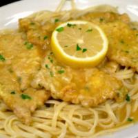 Chicken Francese · Served with pasta and salad.