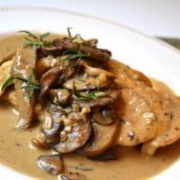 Chicken Marsala · Sauteed with mushrooms in Marsala wine sauce. Served with pasta and salad.