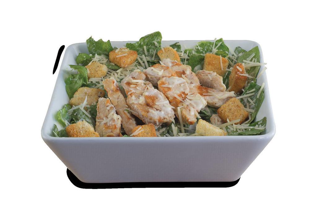 Chicken Caesar Salad · Romaine lettuce tossed with Parmesan cheese and
Caesar dressing, topped with croutons, grilled chicken,
and Parmesan.