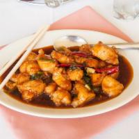 General Tso's Chicken · Lightly battered chicken breast sauteed with chili peppers in a sweet and spicy brown sauce....