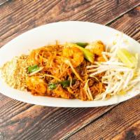 Pad Thai Noodle · Thai stick rice noodles with tofu, eggs, chopped radish, chives, bean sprouts, crushed peanu...