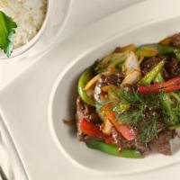 Broccoli Stir Fry · Broccoli, green and red peppers in a homemade citrus-soy sauce with your choice of protein.