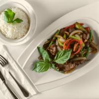 Pad Gra Prow · Spicy basil. green and red peppers, chopped garlic, Thai Basil, string beans, Thai chili and...