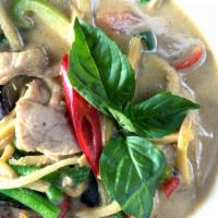 Green Curry · Coconut milk, string beans, bamboo shoots, eggplant, and Thai basil in a colorful green curr...