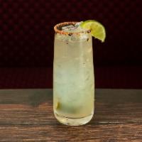 Spicy Margarita · Lime juice, triple sec flavored syrup and soda water, with a Thai red chilli infused salt rim.