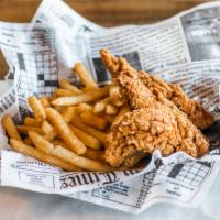 Chicken Tender Basket · Three piece fried chicken tender with choice of fries.